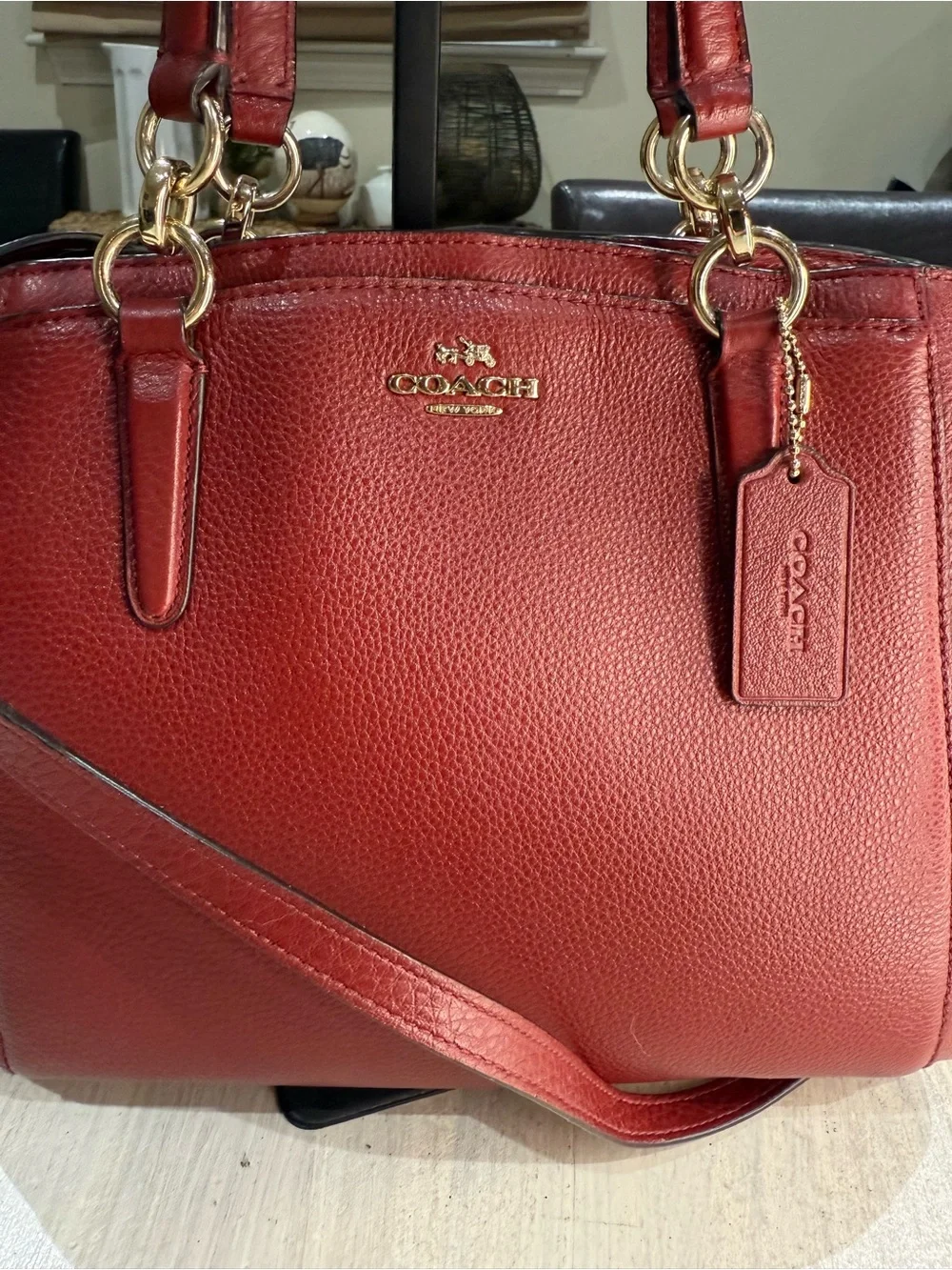 Coach Christie Red Pebbled Leather Carryall Satchel with Gold Hardware-EUC